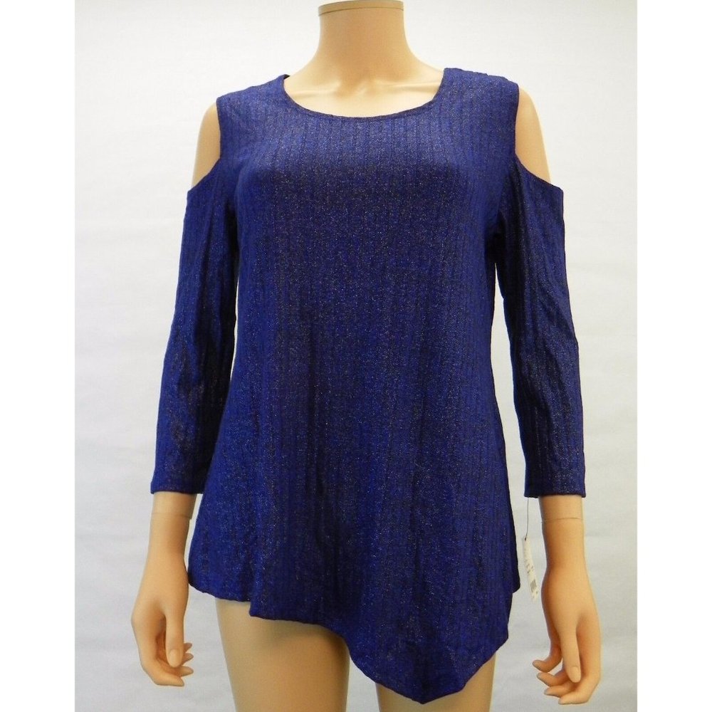 NY Collection Womens Top 3/4 Sleeve Cold Shoulder Ribbed Pullover M Blue Black